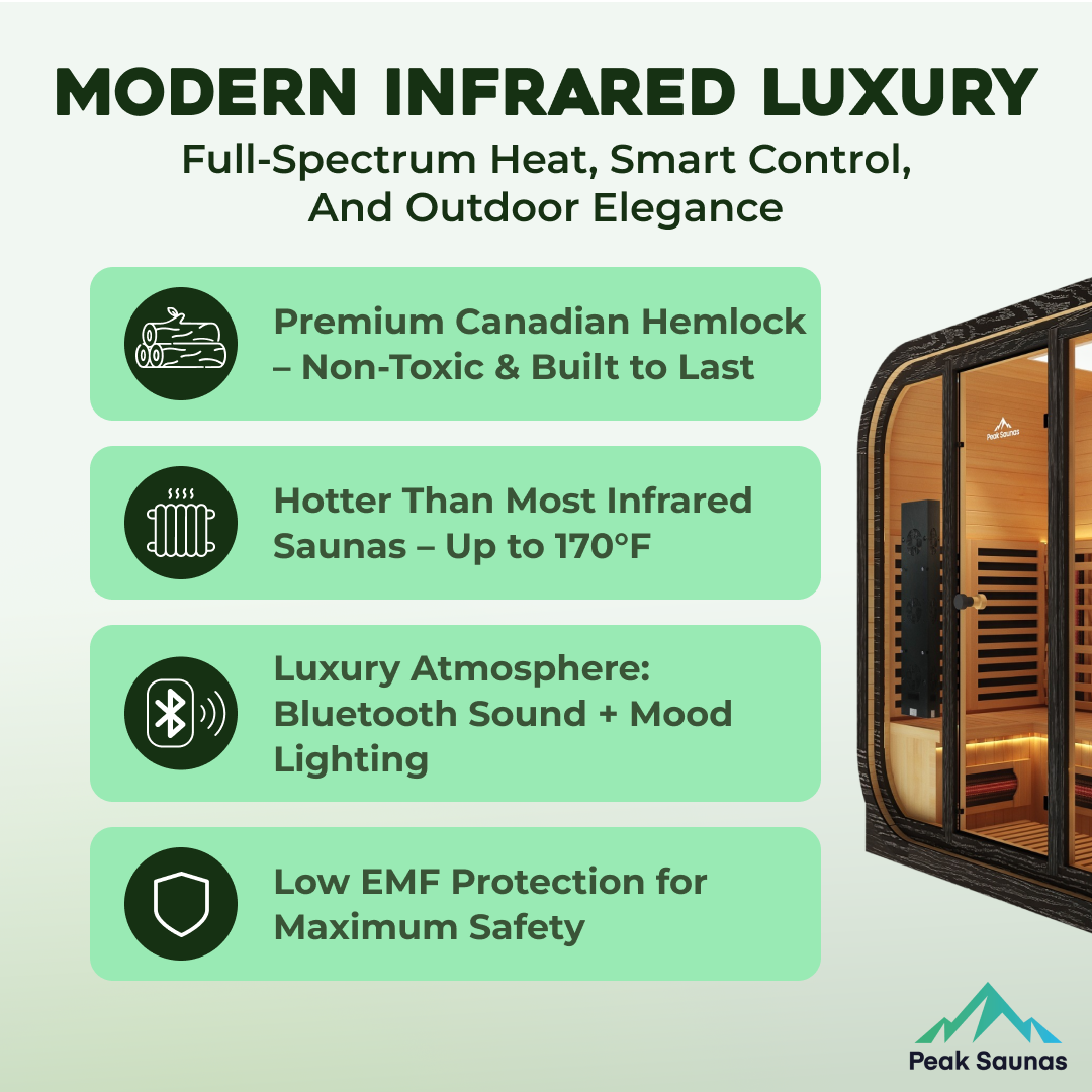 Peak Saunas El Capitan 4-Person Outdoor Full Spectrum Infrared Sauna with Built-In XL Medical-Grade Red Light Therapy and Smart WiFi App Control
