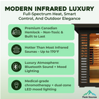 Peak Saunas Patagonia 2-Person Outdoor Full Spectrum Infrared Sauna with Built-In XL Medical-Grade Red Light Therapy and Smart WiFi App Control
